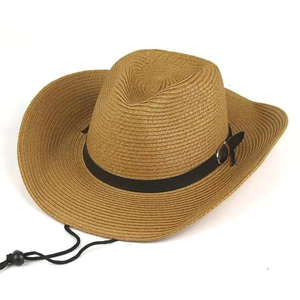 Classic tan straw Panama hat with black leather band and adjustable wind rope