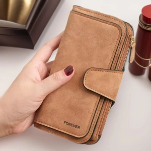 Retro brown long leather wallet for women with zipper closure and matte texture