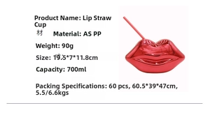 Detailed view of red metallic lip-shaped disco cup with 700ml capacity and pink straw