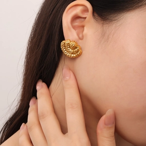 Three-layer gold fan-shaped stud earrings with unique hammered texture for women