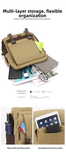 Detail showing organized interior of khaki canvas backpack with pockets for iPad and notebook