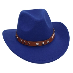 Close-up of royal blue felt cowboy hat featuring brown leather band with silver rivets