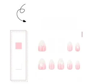 Close-up of pink and white gradient press-on nails with white star pattern detail