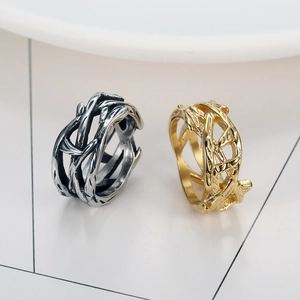 Artistic tree of life thorn rings in vintage silver and polished gold stainless steel