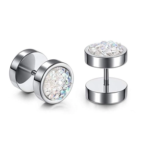 Detail of barbell stud earring with silver steel and white iridescent crystal inlay