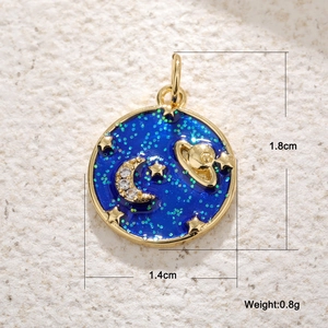 Detailed view of 1.8cm blue enamel moon and planet charm with size dimensions