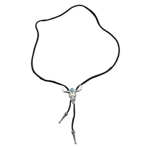 Western-Bolo-Tie mit silbernem Bullenkopf, Türkisstein und schwarzer geflochtener Kordel