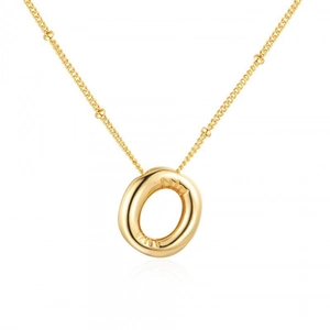 Minimalist gold balloon letter necklace with polished oval pendant and bead chain detail