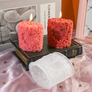 Detailed heart-shaped rose candle silicone mold with Love relief and rose textures