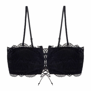 Elegant black lace tube top bra with thin straps and cross tie detail on front