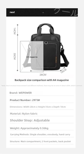Detailed size comparison of the black business nylon briefcase with A4 magazine