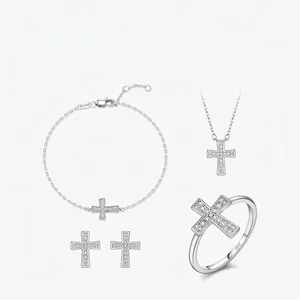 Cross Jewelry 925 Sterling Silver D Color VVS1 Moissanite Necklace Bracelet Earrings Ring Hip Hop Faith For Women