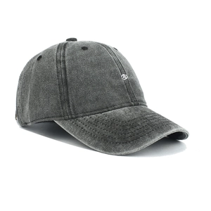 Classic washed grey baseball cap with embroidered R logo in a 3/4 side view on white background