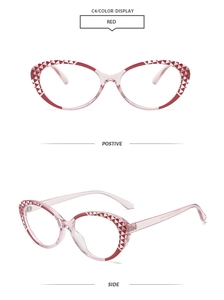 Detailed views of red cat-eye glasses frame with geometric patterns on a white background