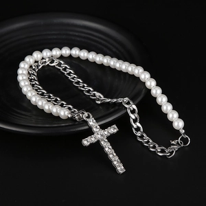 Collier cubain perle hip-hop avec pendentif croix serti de strass pour hommes