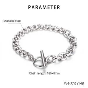 Vue détaillée d'un bracelet gourmette en acier inoxydable avec dimensions 180x8mm