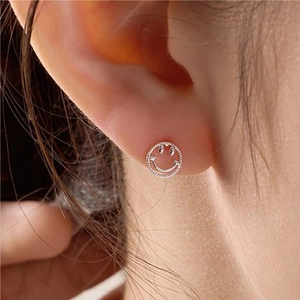 Hollow Smile Face Stud Earrings With 925 Sterling Silver Earring Post Minimalist Circular Beaded Edge Jewelry For Women