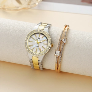 Montre À Quartz Pour Femme Strass Alliage Montre Et Bracelet Élégant Cadran Texture Marbre Bijoux Mode Pour Femmes