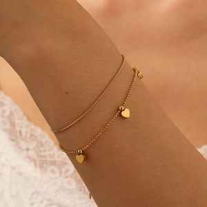 Double Layer Heart Pendant Bracelet 18K Gold Plated Stainless Steel Snake Chain Round Beads Adjustable For Women Fashion