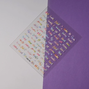 Macro view of FEB-766 3D colorful English alphabet nail art stickers with candy gradient
