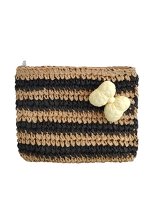 Striped crochet straw clutch bag in beige and black with a yellow bow detail