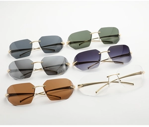 Detailed collection of rimless sunglasses in six colors with elegant gold metal temples