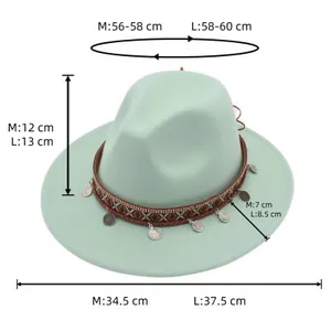 Size chart showing head circumference and brim width for mint green wool fedora hat