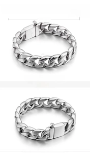 Polished silver cuban link bracelet for men in stainless steel 15mm width 220mm length