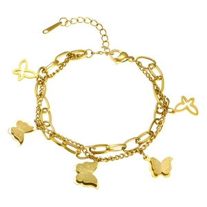 Double-layered gold titanium steel butterfly bracelet with frosted texture charms