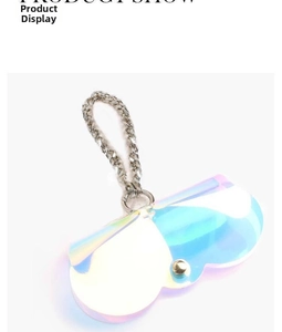Detailed macro view of holographic PVC glass pouch with silver chain and snap closure