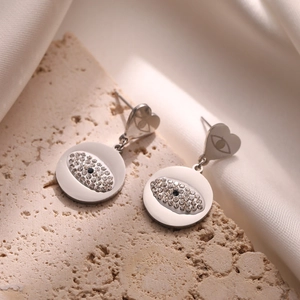 Irregular heart and devil's eye drop earrings in silver steel with rhinestones