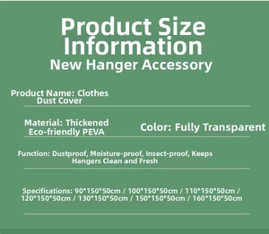 Size chart for PEVA waterproof garment cover bags with specific product dimensions