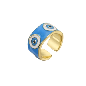 Adjustable golden evil eye ring with blue enamel and three classic Mediterranean eye patterns