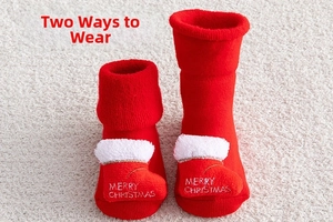Detail of red Christmas baby socks showing two ways to wear with 3D festive plush decoration