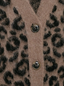 Detailed macro view of leopard print knit cardigan with amber resin buttons and fuzzy texture