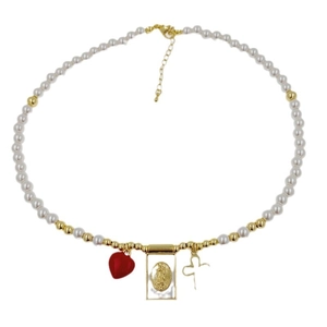 Handmade 18K gold-plated pearl necklace with red heart and Saint Mary cross pendants