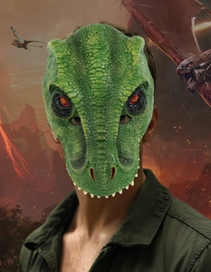 Detailed realistic green dinosaur mask with 3D scale texture for carnival parties