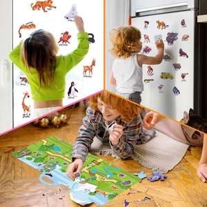 Kids reusable laser jelly stickers with animal designs applied to windows and fridge