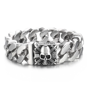 Bracciale cubano da uomo con teschio in acciaio inossidabile argento retrò