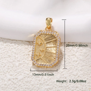 Gold-plated rectangular pendant with moon, stars, and sparkling crystals, 25mm height