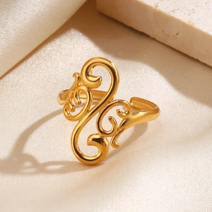 Elegant gold plated stainless steel open ring with intricate geometric filigree patterns