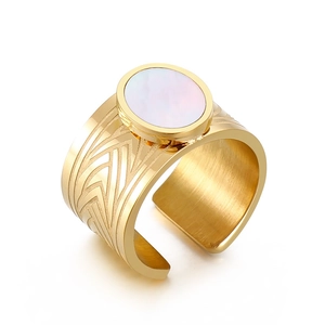 Retro wide band stainless steel open ring with geometric patterns and white shell inlay