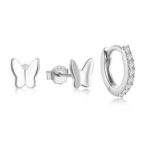 Detailed close-up of 925 sterling silver butterfly studs and pavé hoop earring set