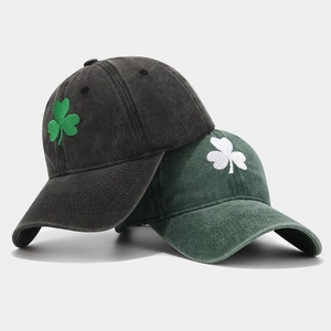 Washed cotton baseball caps with shamrock embroidery in charcoal and forest green
