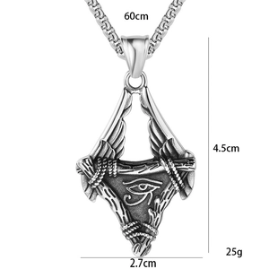 Vintage stainless steel Eye of Horus necklace with dimensions and weight specs
