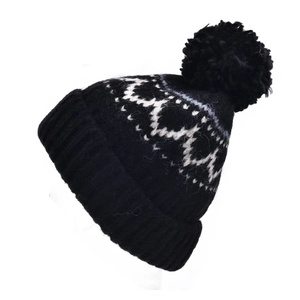 Bonnet en tricot jacquard rétro noir avec un grand pompon pour la chaleur hivernale