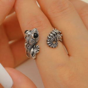 Macro shot of vintage silver hummingbird ring with black gemstone eyes and textured detail
