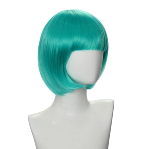 Detail of short teal blue bob wig with bangs on a white mannequin head