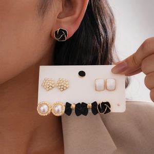 Vintage French Alloy Enamel Flower Rose Bow Imitation Artificial Pearl Stud Earrings With Silver Earring Post Elegant For Women