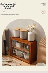 Detailed view of vintage solid wood storage cabinet with glass door and metal handle